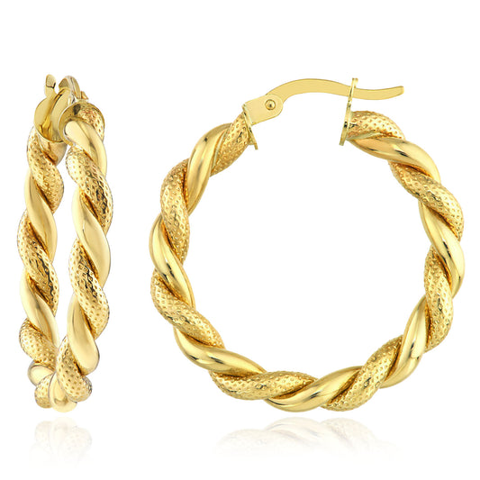 10K Yellow Gold Hollow Twist Pattern Round Hoop Earrings 20mm