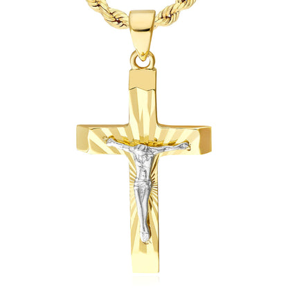 10K Two-Tone Gold Hollow Diamond-Cut Jesus Crucifix Cross Pendant 0.6"