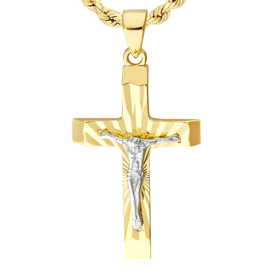 10K Two-Tone Gold Hollow Diamond-Cut Jesus Crucifix Cross Pendant 0.6"