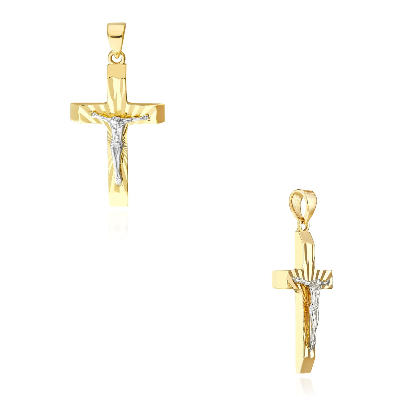 10K Two-Tone Gold Hollow Diamond-Cut Jesus Crucifix Cross Pendant 0.6"
