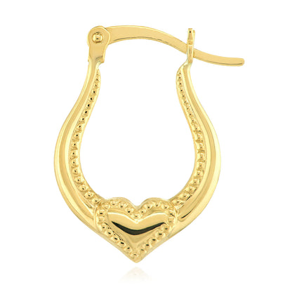 10K Yellow Gold Hollow Textured Horseshoe & Heart Hoop Earrings 21mm