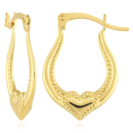 10K Yellow Gold Hollow Textured Horseshoe & Heart Hoop Earrings 21mm