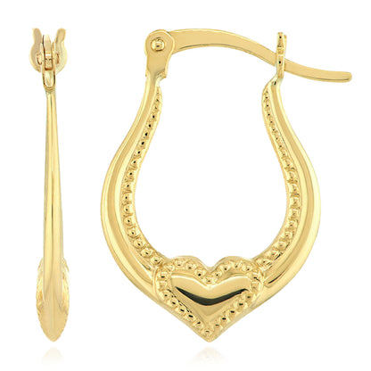 10K Yellow Gold Hollow Textured Horseshoe & Heart Hoop Earrings 21mm