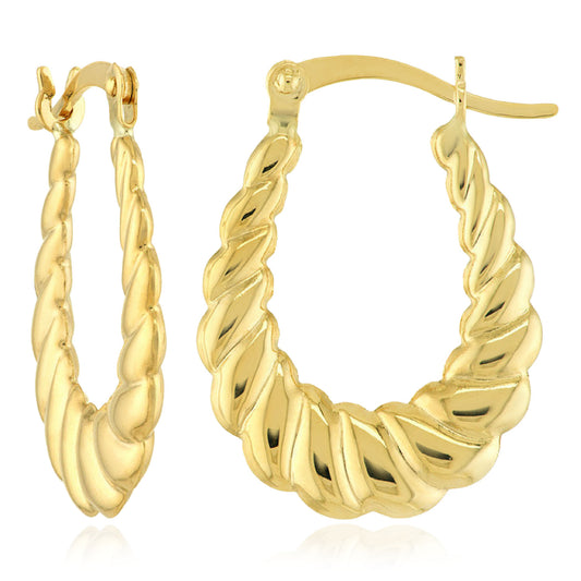 10K Yellow Gold Hollow Scalloped Oval Hoop Earrings 23mm