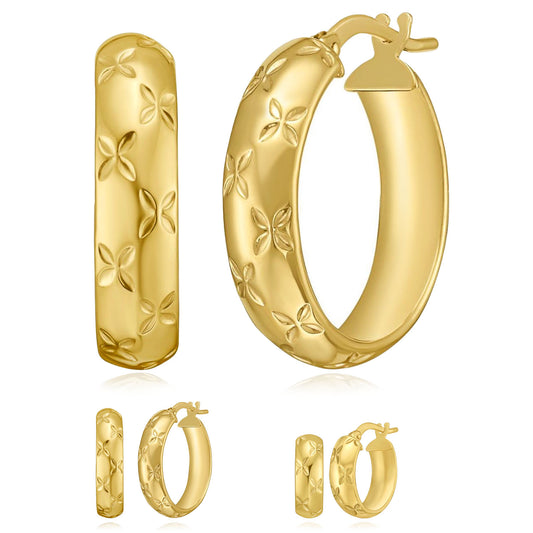 14K Yellow Gold Hollow Florentine Hoop Earrings 10mm 15mm