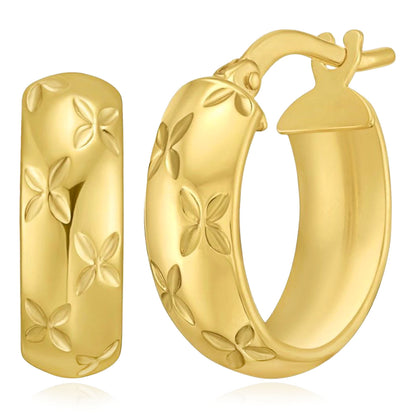 14K Yellow Gold Hollow Florentine Hoop Earrings 10mm 15mm