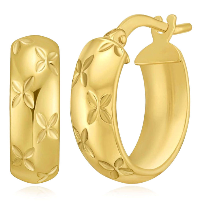 14K Yellow Gold Hollow Florentine Hoop Earrings 10mm 15mm - WJD Exclusives