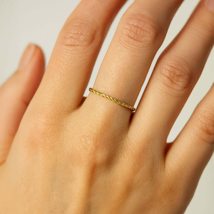 14K Yellow Gold 2mm Hollow Twisted Rope Band Stackable Ring - WJD Exclusives