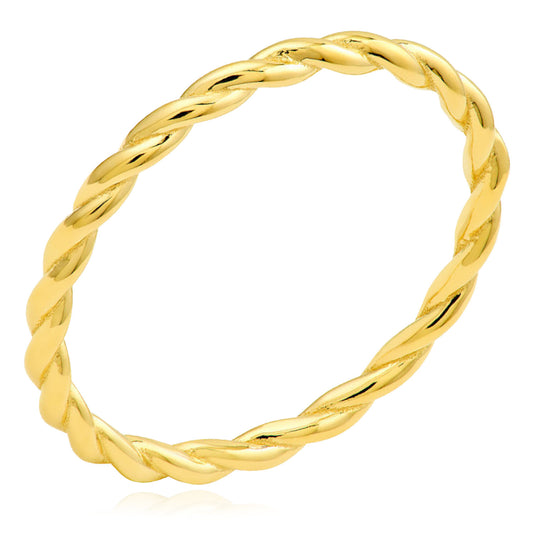 14K Yellow Gold 2mm Hollow Twisted Rope Band Stackable Ring