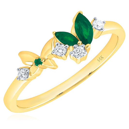 0.30CTW Natural Green Emerald & Real Diamond 14K Yellow Gold Butterfly Ring