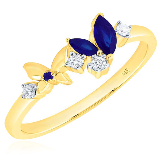 0.30CTW Natural Royal Blue Sapphire & Diamond 14K Yellow Gold Butterfly Ring