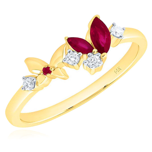 0.30CTW Natural Ruby & Diamond 14K Yellow Gold Butterfly Ring