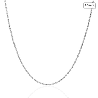 14K White Gold 1.5mm Rope Chain (Solid Links) 16"-30"