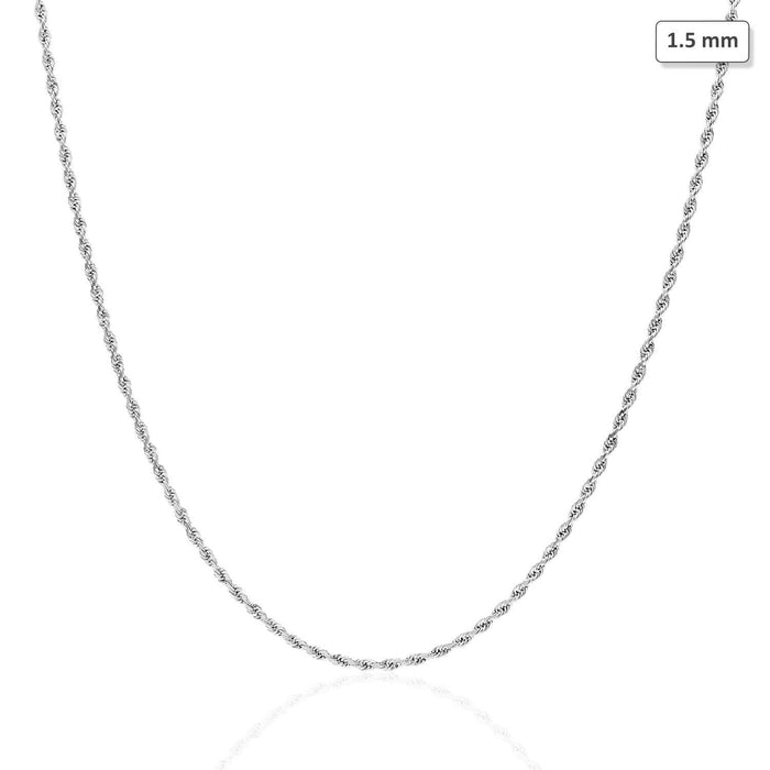 14K White Gold 1.5mm Rope Chain (Solid Links) 16"-30"