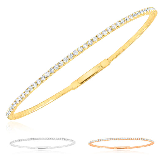1.60CTW Natural Diamond 14K Yellow White Rose Gold 1.8mm Bangle Bracelet 6.75"