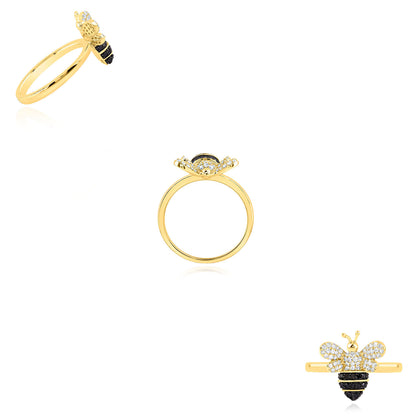 0.38CTW Natural White and Black Diamonds 10K Yellow Gold Honey Bee Ring