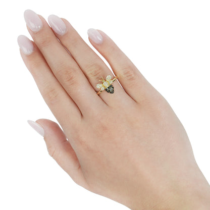 0.38CTW Natural White and Black Diamonds 10K Yellow Gold Honey Bee Ring