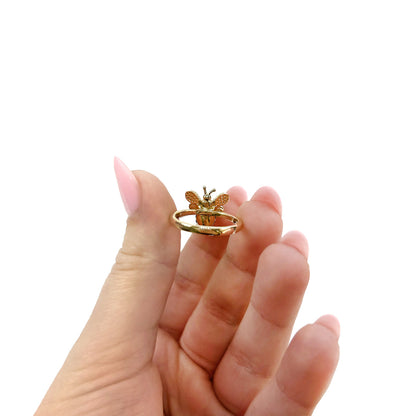 0.38CTW Natural White and Black Diamonds 10K Yellow Gold Honey Bee Ring
