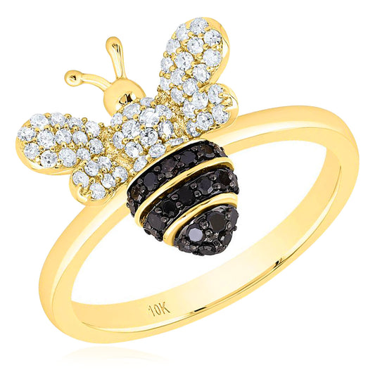 0.38CTW Natural White and Black Diamonds 10K Yellow Gold Honey Bee Ring