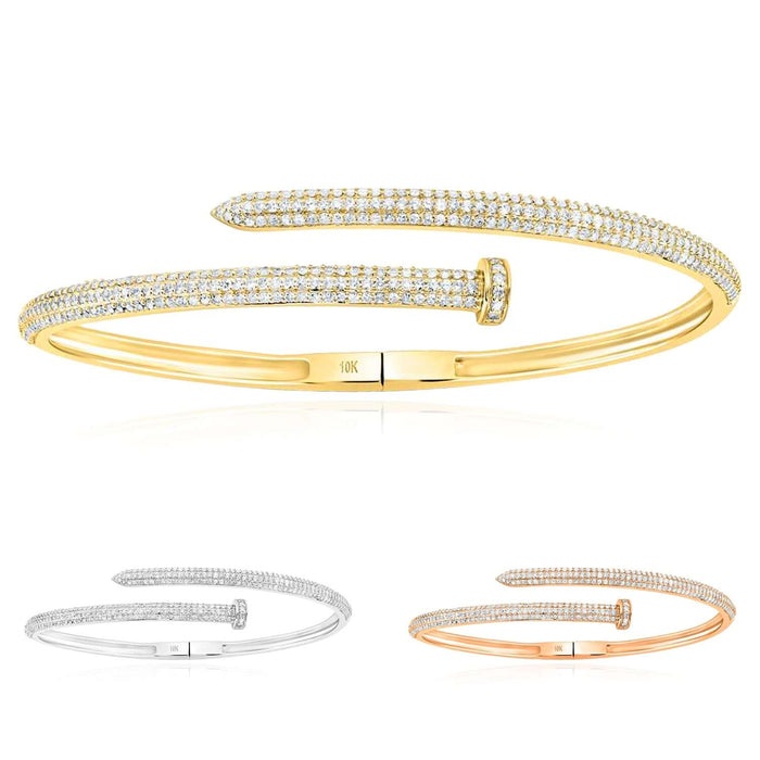 1.60CTW Natural Diamond 10k Yellow White Rose Gold 3.3mm Nail Bangle Bracelet