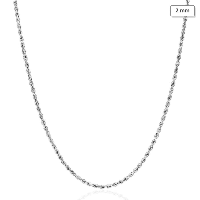 14K White Gold 2mm Diamond-Cut Rope Chain (Solid Links) 16"-24"