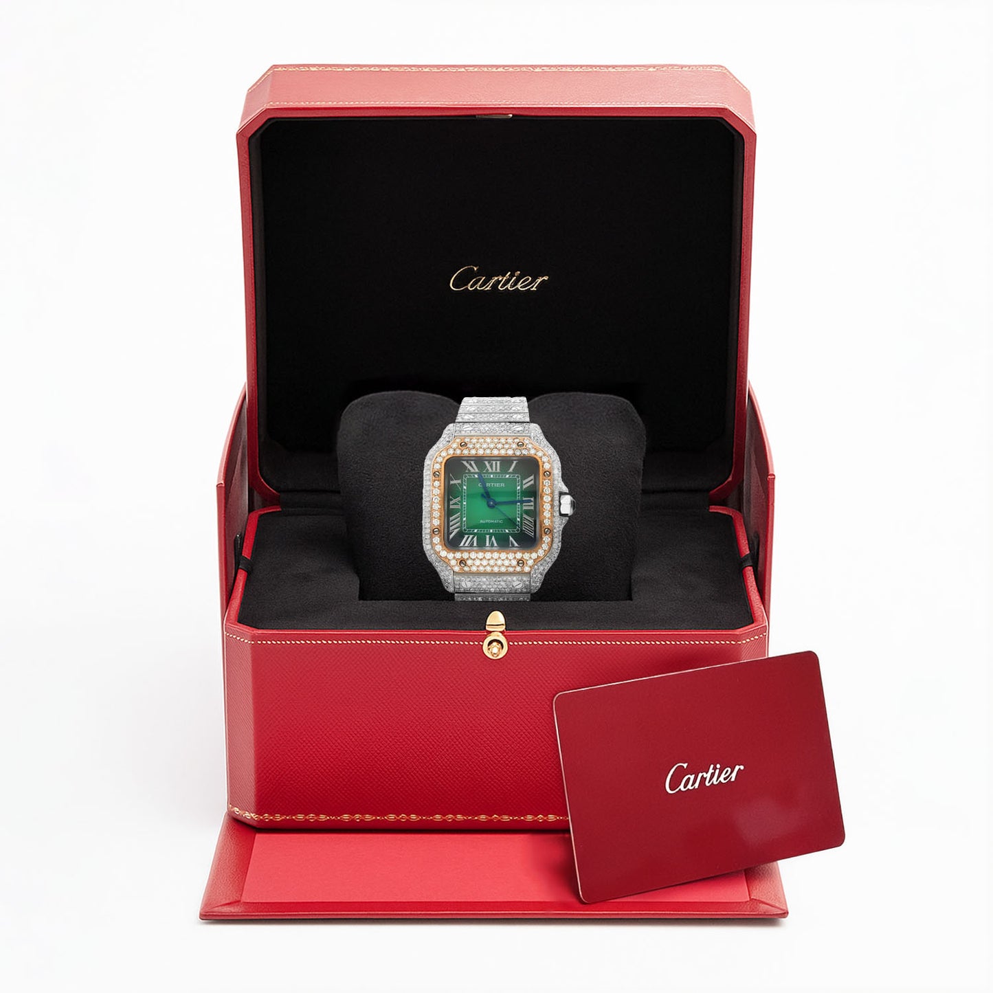 NEW Cartier Santos Medium Model Auto SS Watch w/ Aftermarket 11.5CTW Diamond Green Dial