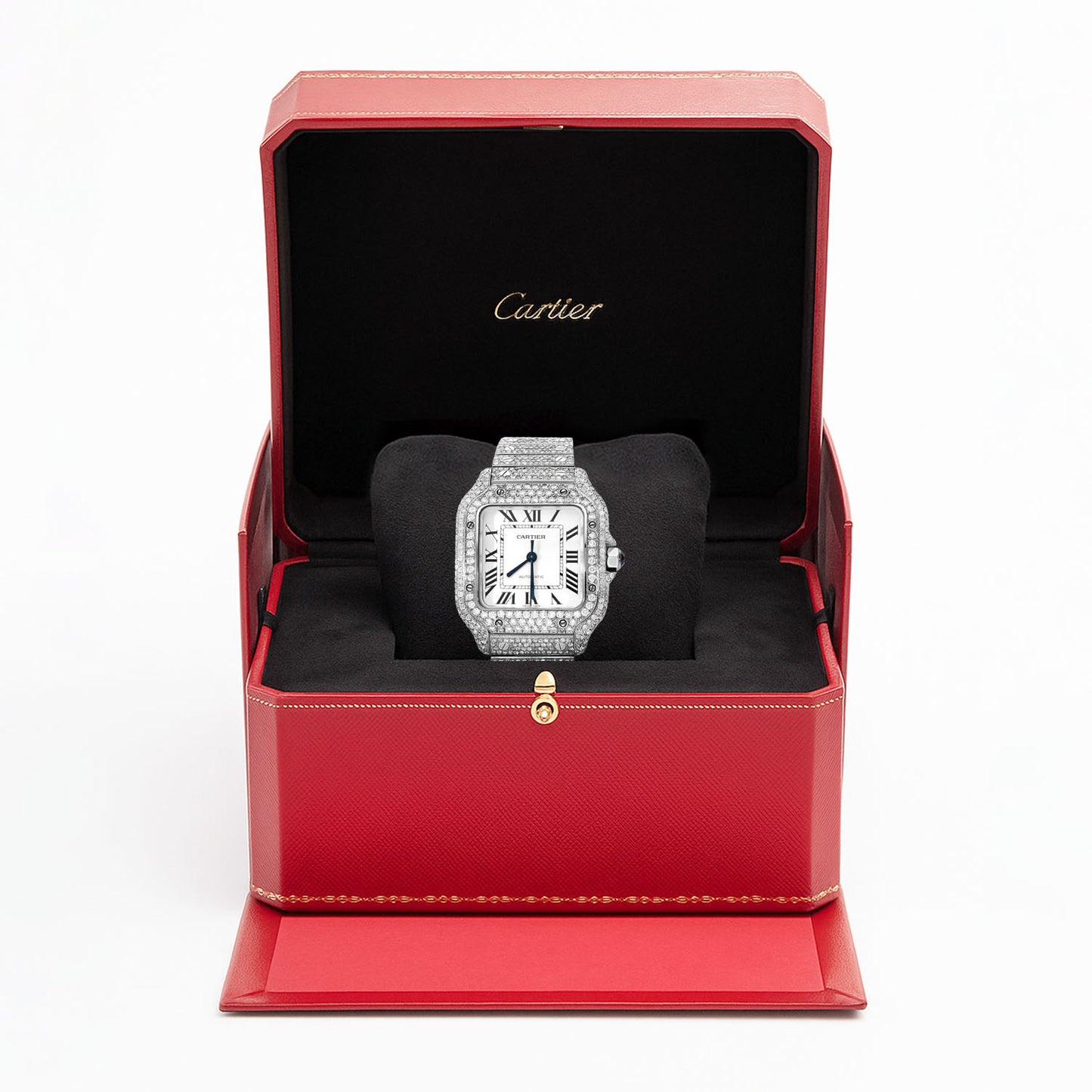 Cartier Santos WSSA0018 40mm Auto SS Watch w/ Aftermarket 11.5CTW Diamond White Dial