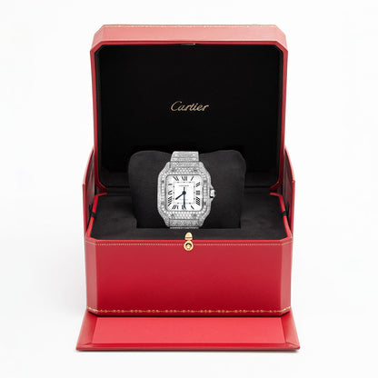 Cartier Santos WSSA0018 40mm Auto SS Watch w/ Aftermarket 11.5CTW Diamond White Dial