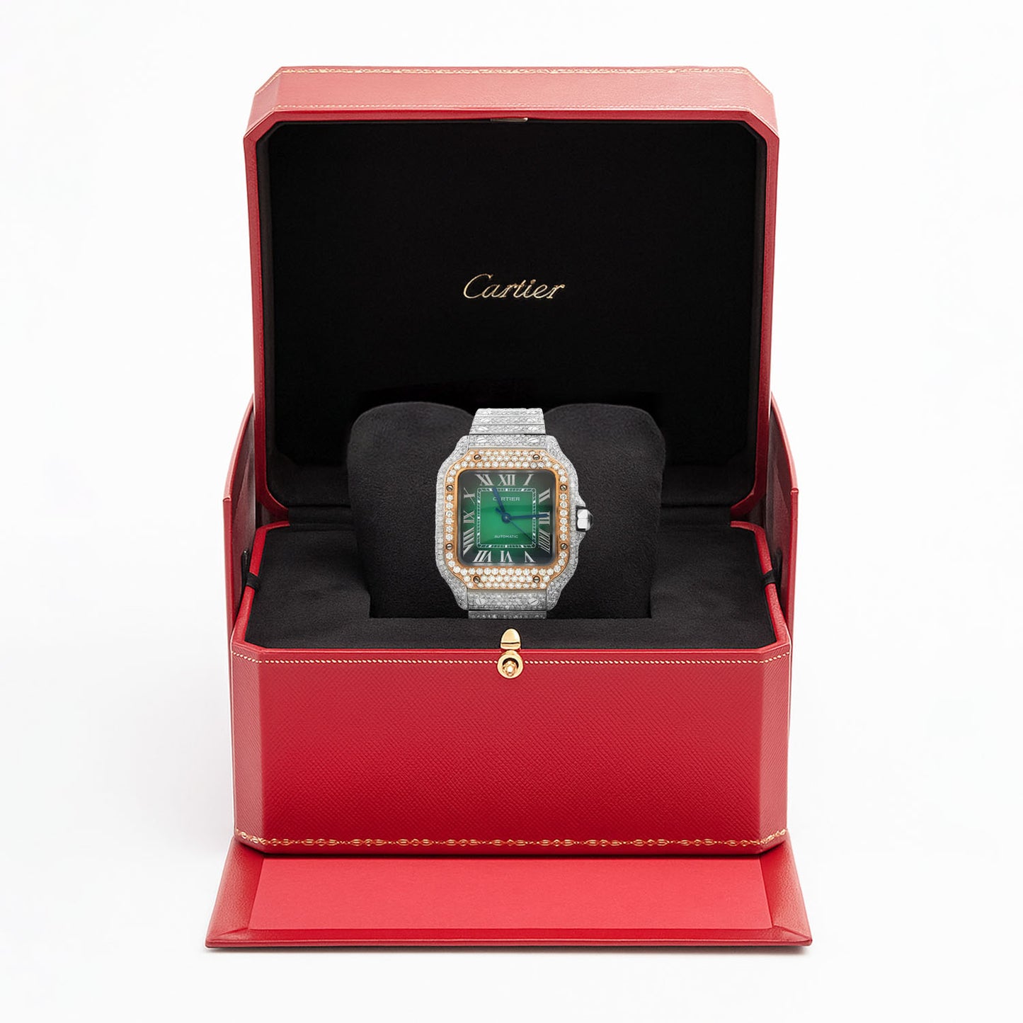 Cartier Santos WSSA0018 40mm Auto SS Watch w/ Aftermarket 11.5CTW Diamond Green Dial