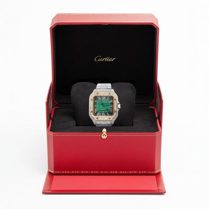 Cartier Santos WSSA0018 40mm Auto SS Watch w/ Aftermarket 11.5CTW Diamond Green Dial