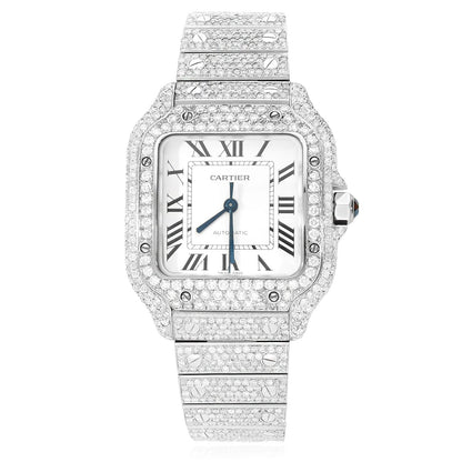 Cartier Santos WSSA0018 40mm Auto SS Watch w/ Aftermarket 11.5CTW Diamond White Dial