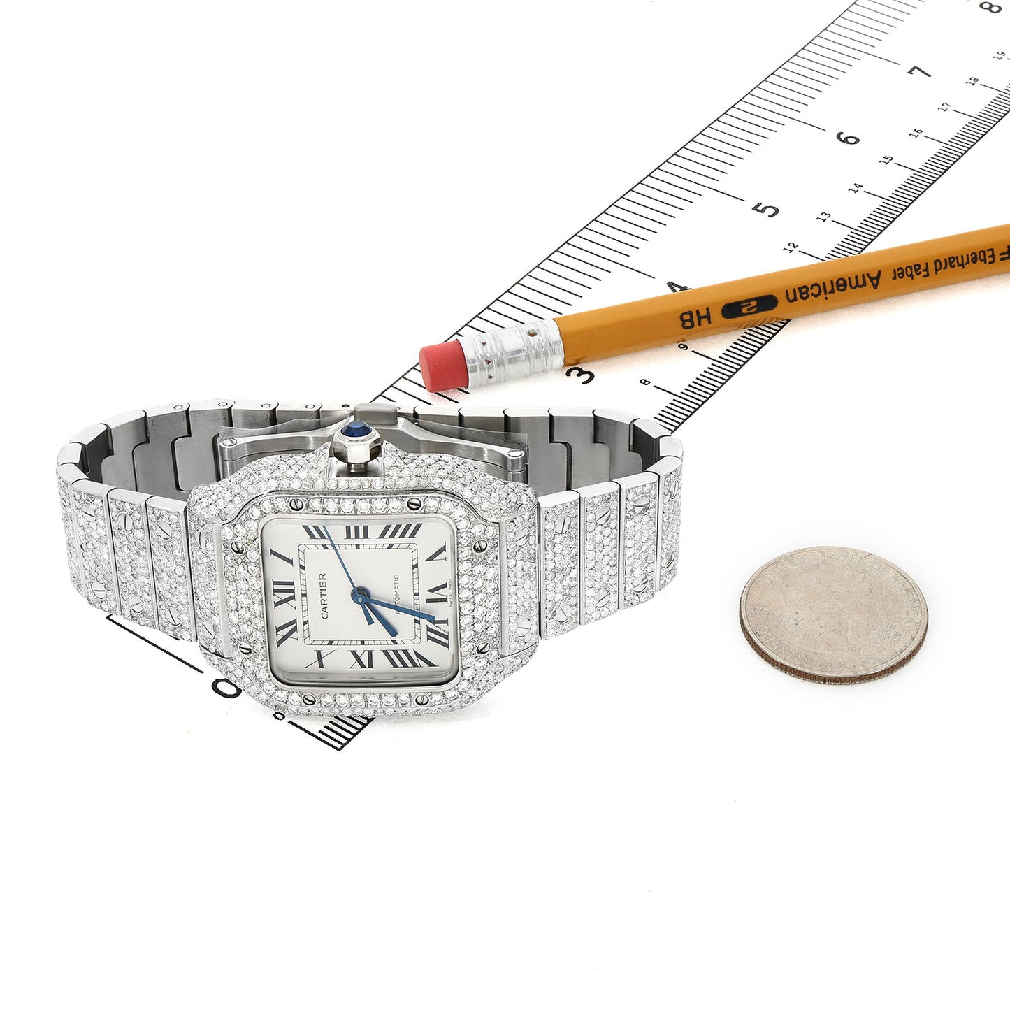 Cartier Santos WSSA0018 40mm Auto SS Watch w/ Aftermarket 11.5CTW Diamond White Dial