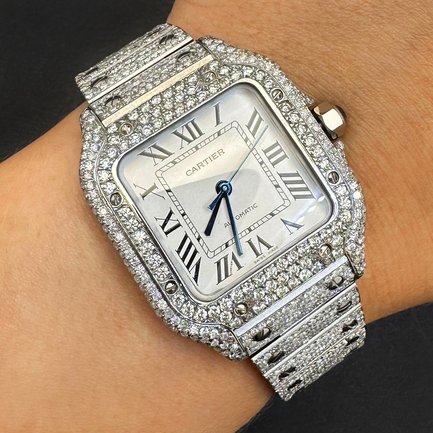 Cartier Santos WSSA0018 40mm Auto SS Watch w/ Aftermarket 11.5CTW Diamond White Dial