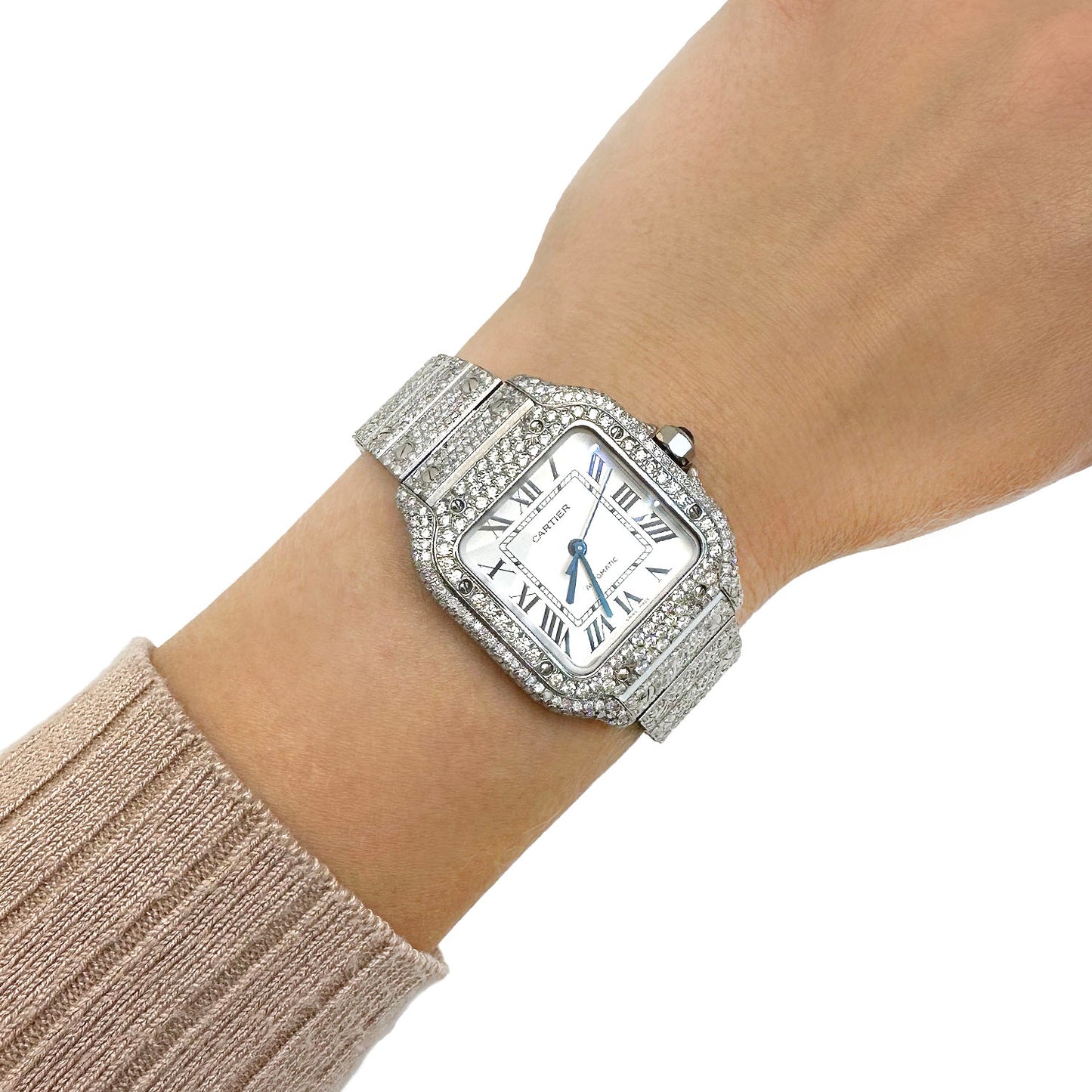Cartier Santos WSSA0018 40mm Auto SS Watch w/ Aftermarket 11.5CTW Diamond White Dial