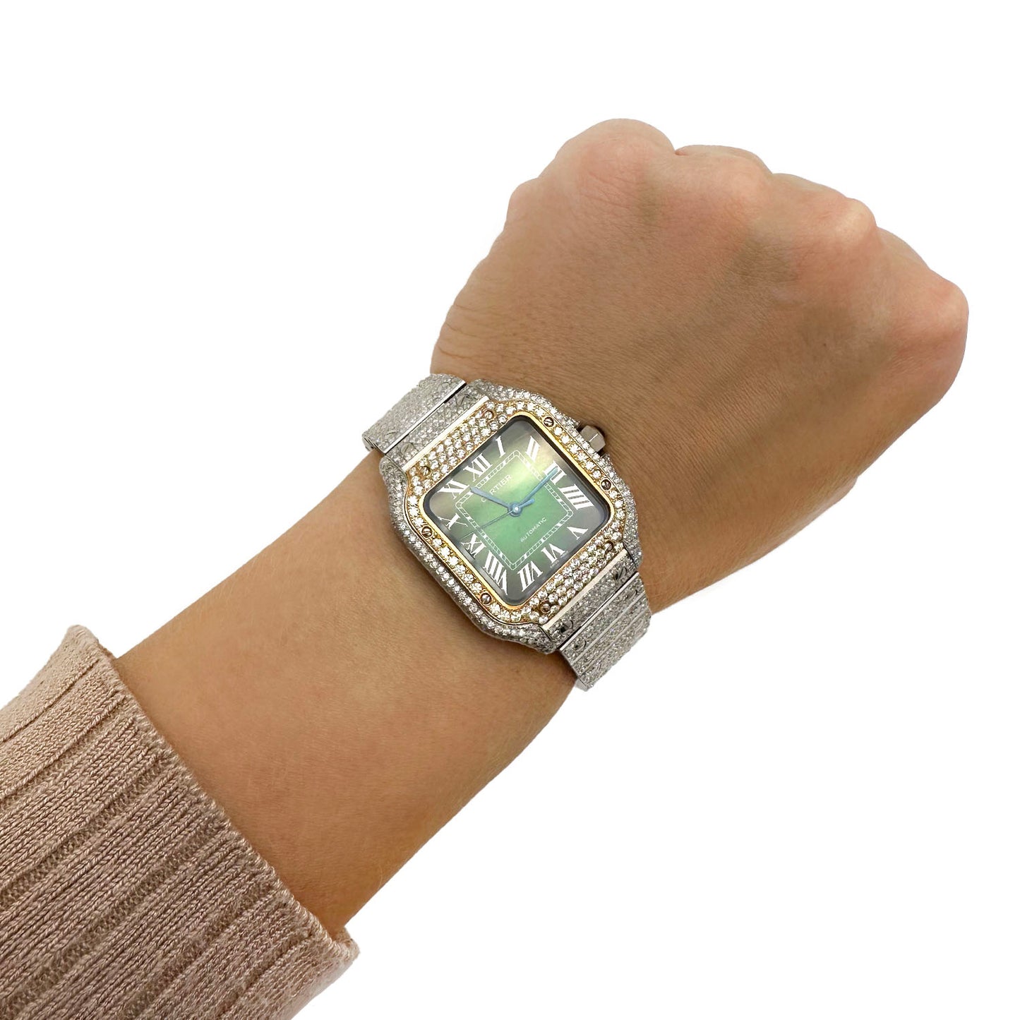 Cartier Santos WSSA0018 40mm Auto SS Watch w/ Aftermarket 11.5CTW Diamond Green Dial