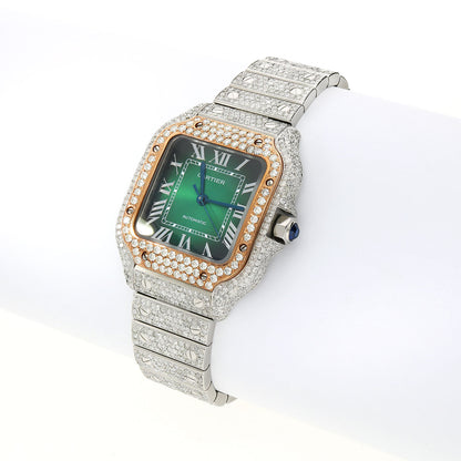 Cartier Santos WSSA0018 40mm Auto SS Watch w/ Aftermarket 11.5CTW Diamond Green Dial