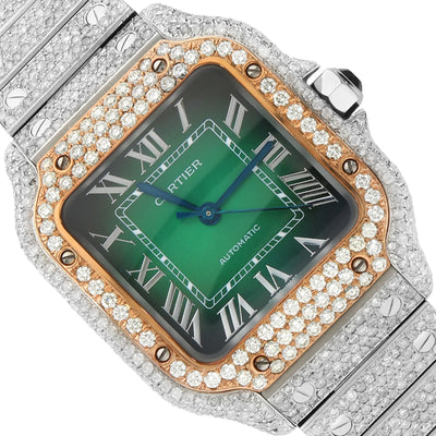NEW Cartier Santos Medium Model Auto SS Watch w/ Aftermarket 11.5CTW Diamond Green Dial