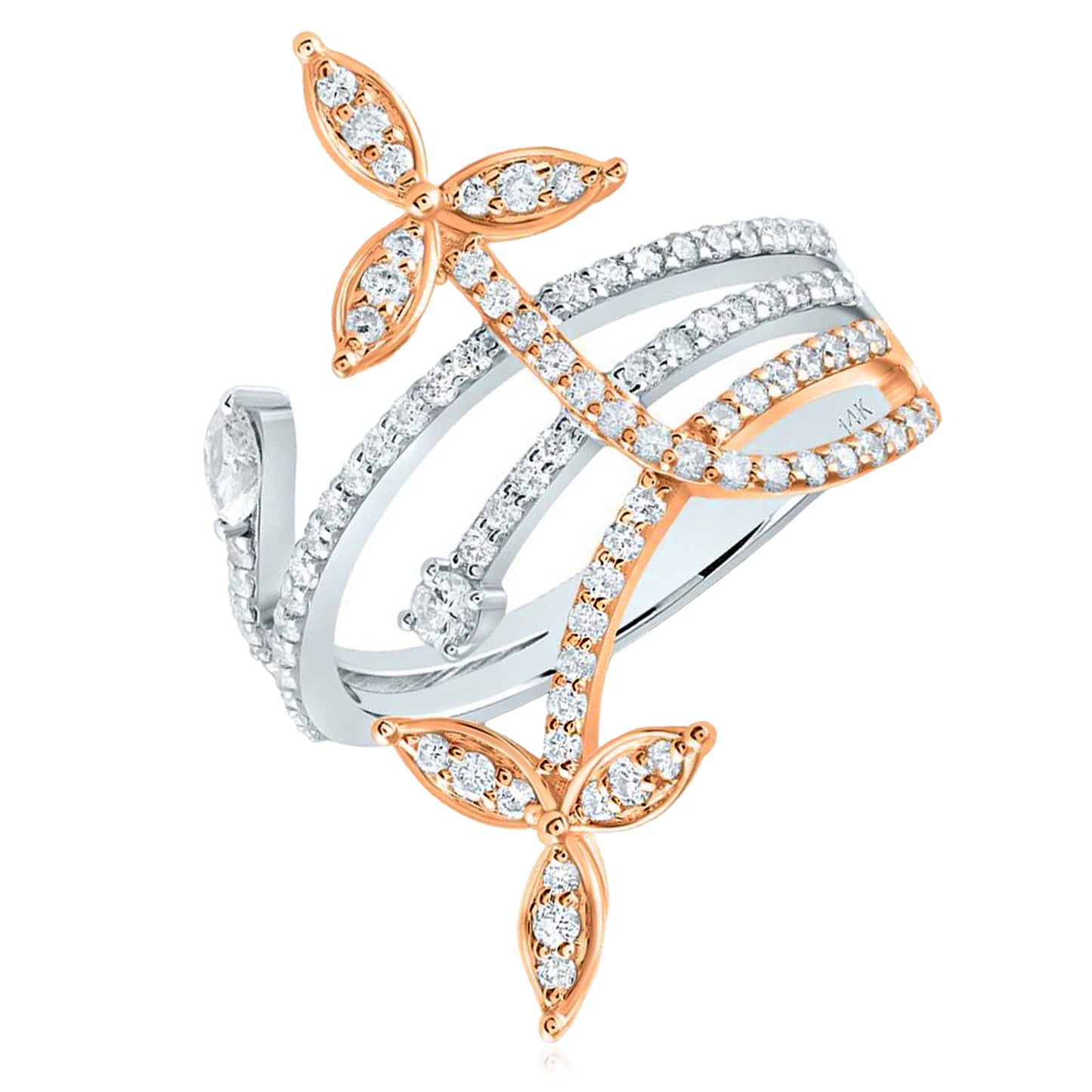 0.75CTW Natural Diamond 14k Rose White Gold Floral Vine Cocktail Ring