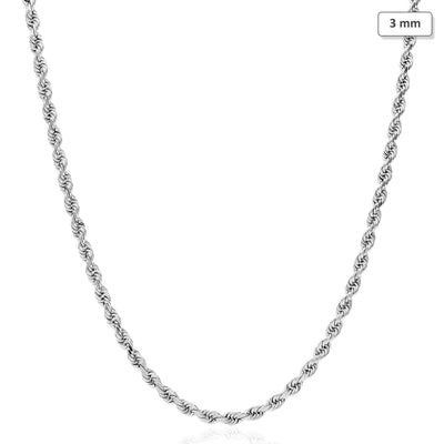 14K White Gold 3mm Diamond-Cut Rope Chain (Solid Links) 16"-30"