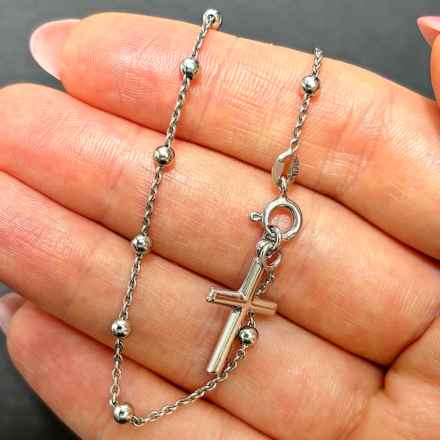 Sterling Silver 3mm Beaded Cable Link Cross Bracelet 8"