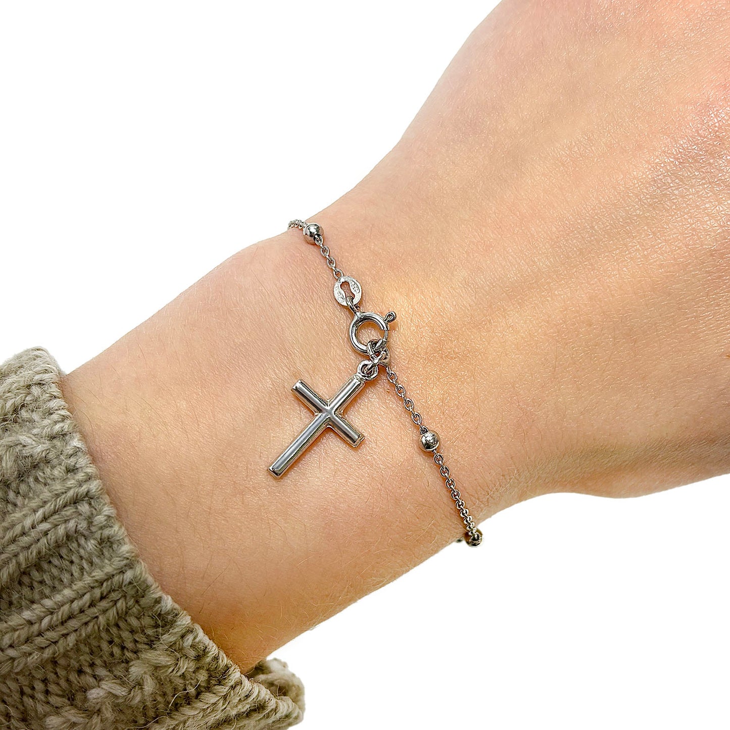 Sterling Silver 3mm Beaded Cable Link Cross Bracelet 8"