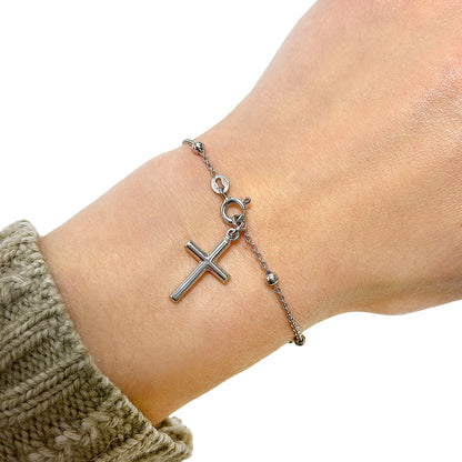Sterling Silver 3mm Beaded Cable Link Cross Bracelet 8"