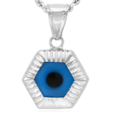 14K White Gold Blue Evil Eye Octagon Pendant 0.7"