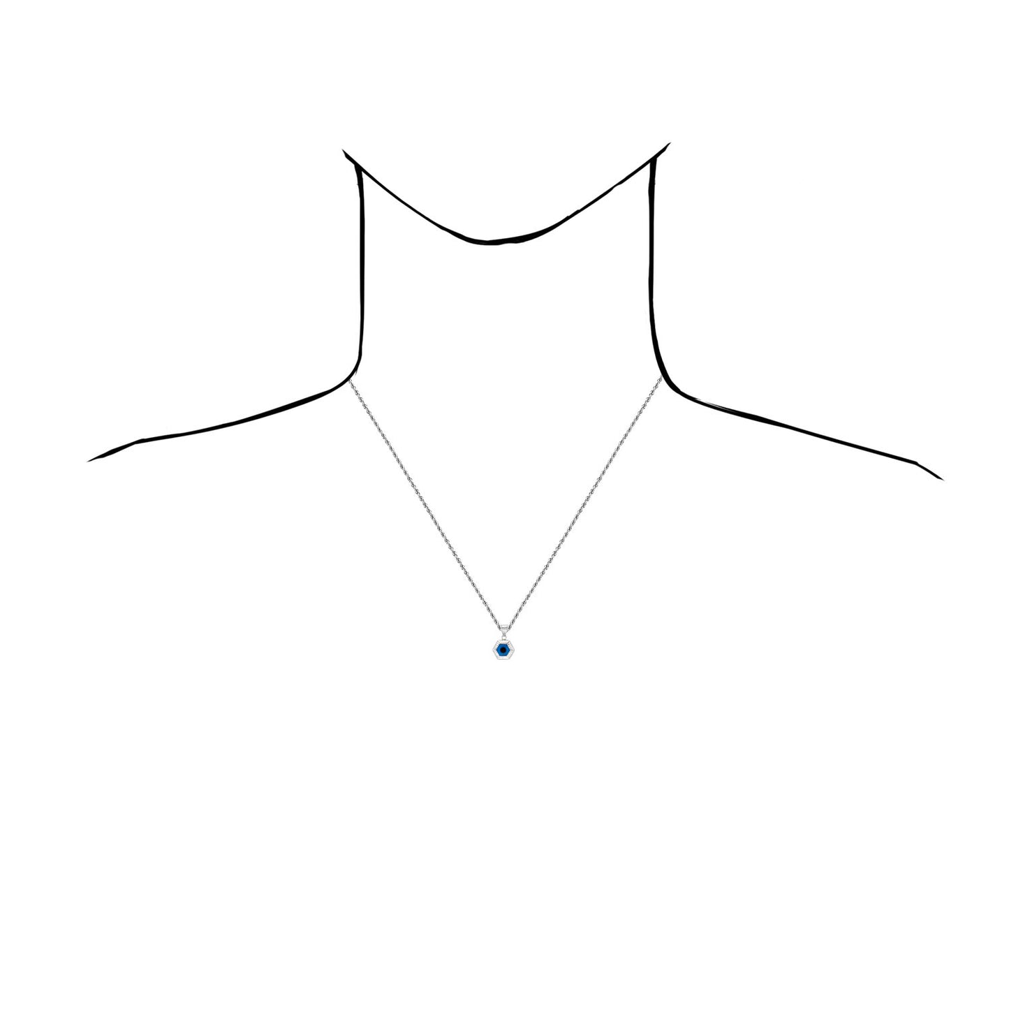 14K White Gold Blue Evil Eye Octagon Pendant 0.7"