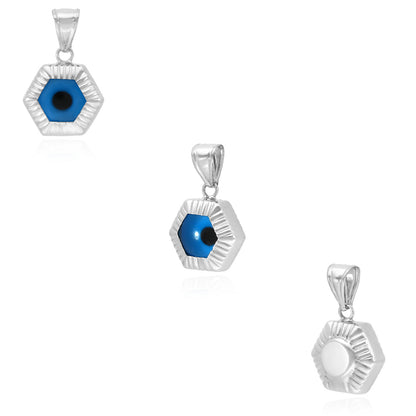 14K White Gold Blue Evil Eye Octagon Pendant 0.7"