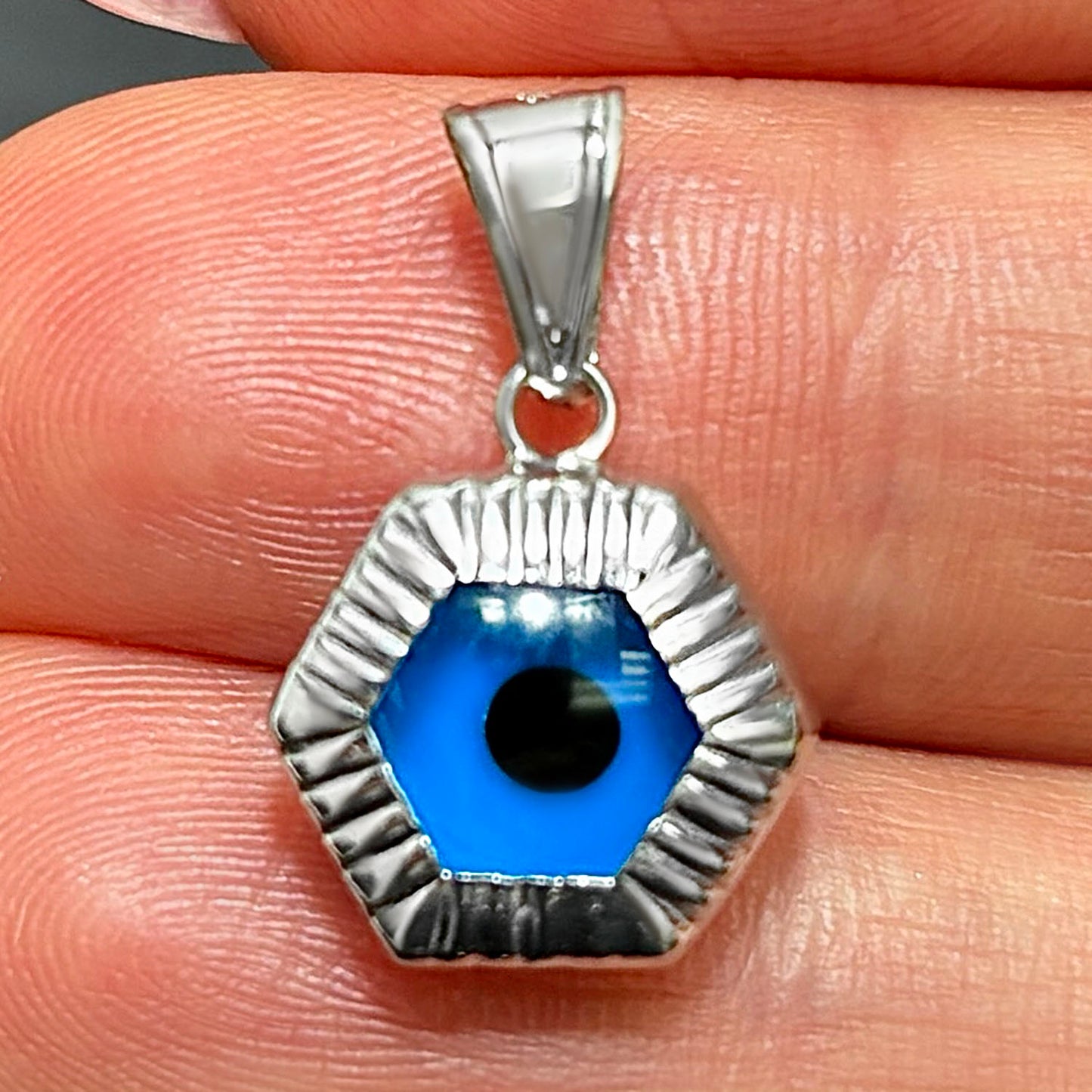 14K White Gold Blue Evil Eye Octagon Pendant 0.7"