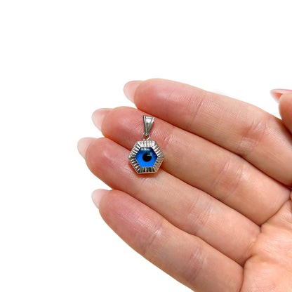 14K White Gold Blue Evil Eye Octagon Pendant 0.7"