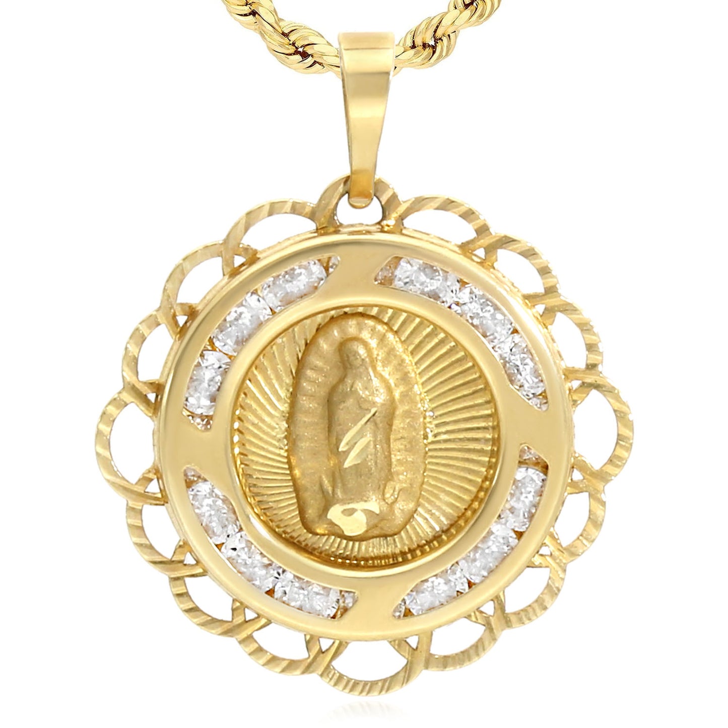 14K Yellow Gold Round CZ Guadalupe Pendant 0.8"