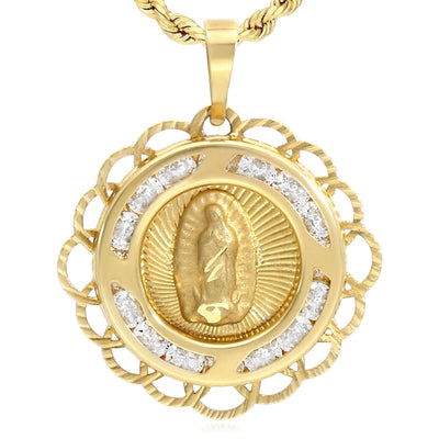 14K Yellow Gold Round CZ Guadalupe Pendant 0.8"