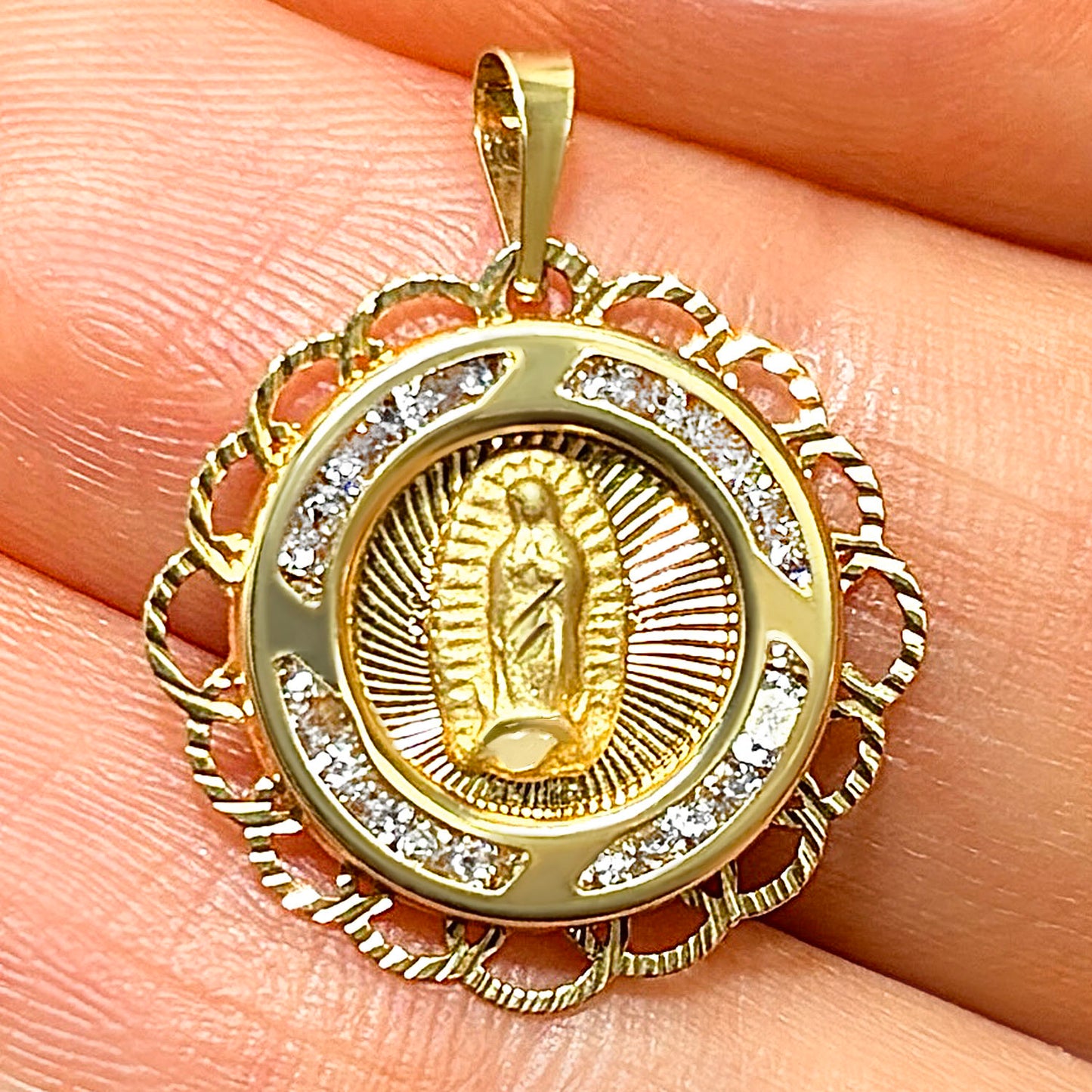 14K Yellow Gold Round CZ Guadalupe Pendant 0.8"